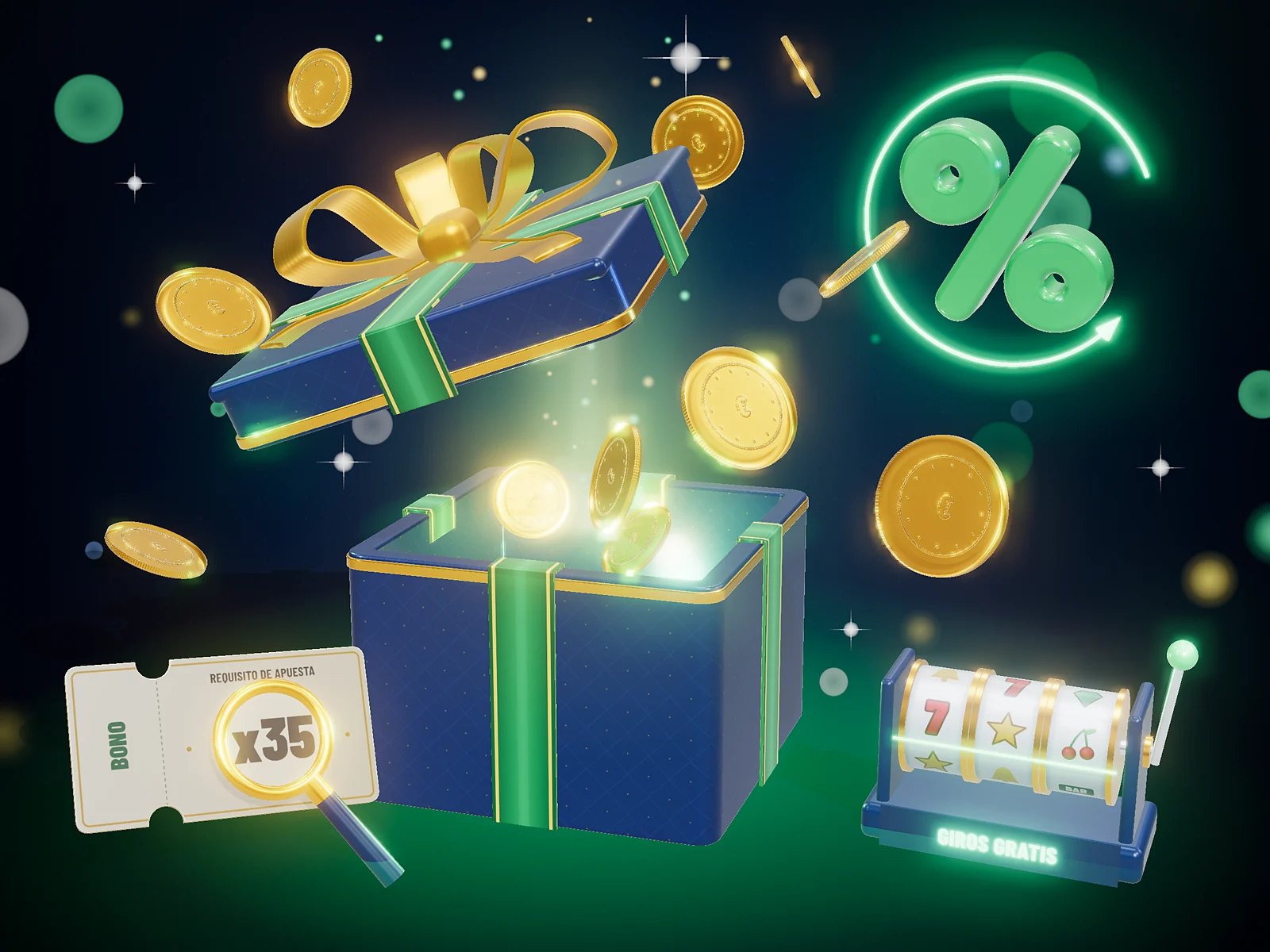 Caja de regalo con bono de bienvenida, giros gratis y monedas de cashback