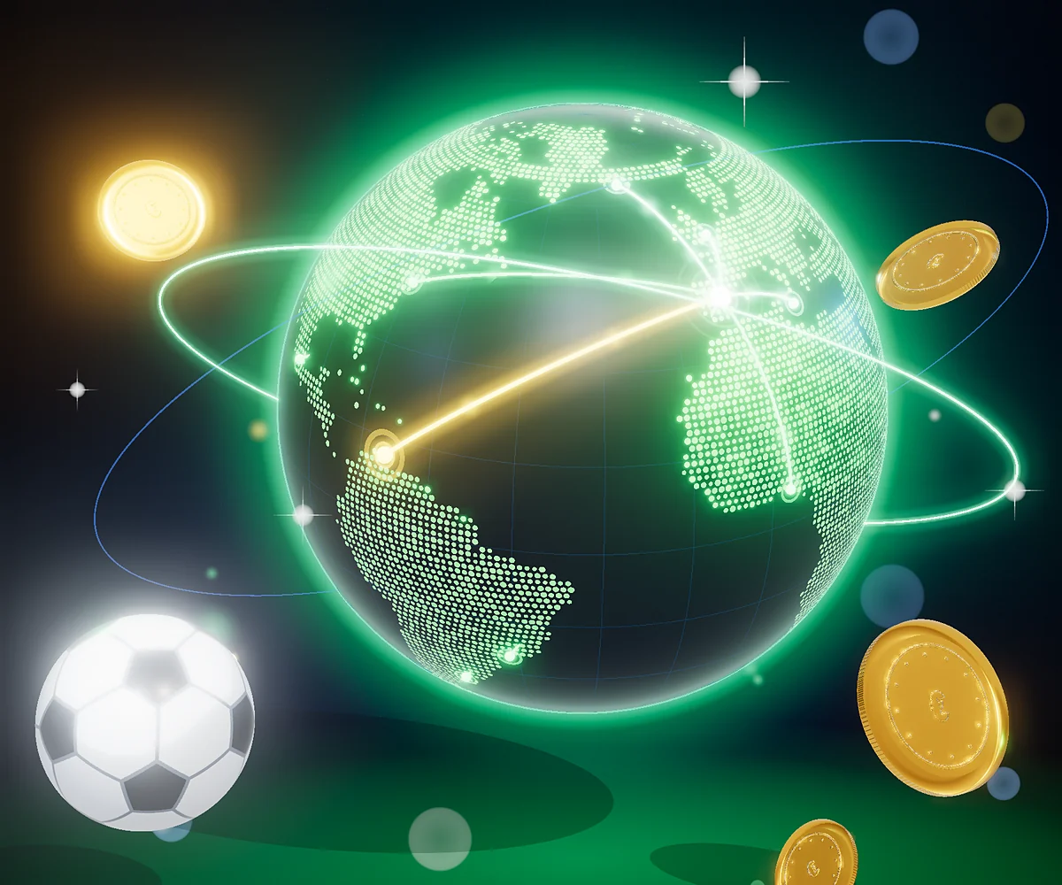Globo terráqueo con rutas de apuestas internacionales, monedas de euro y balón de fútbol