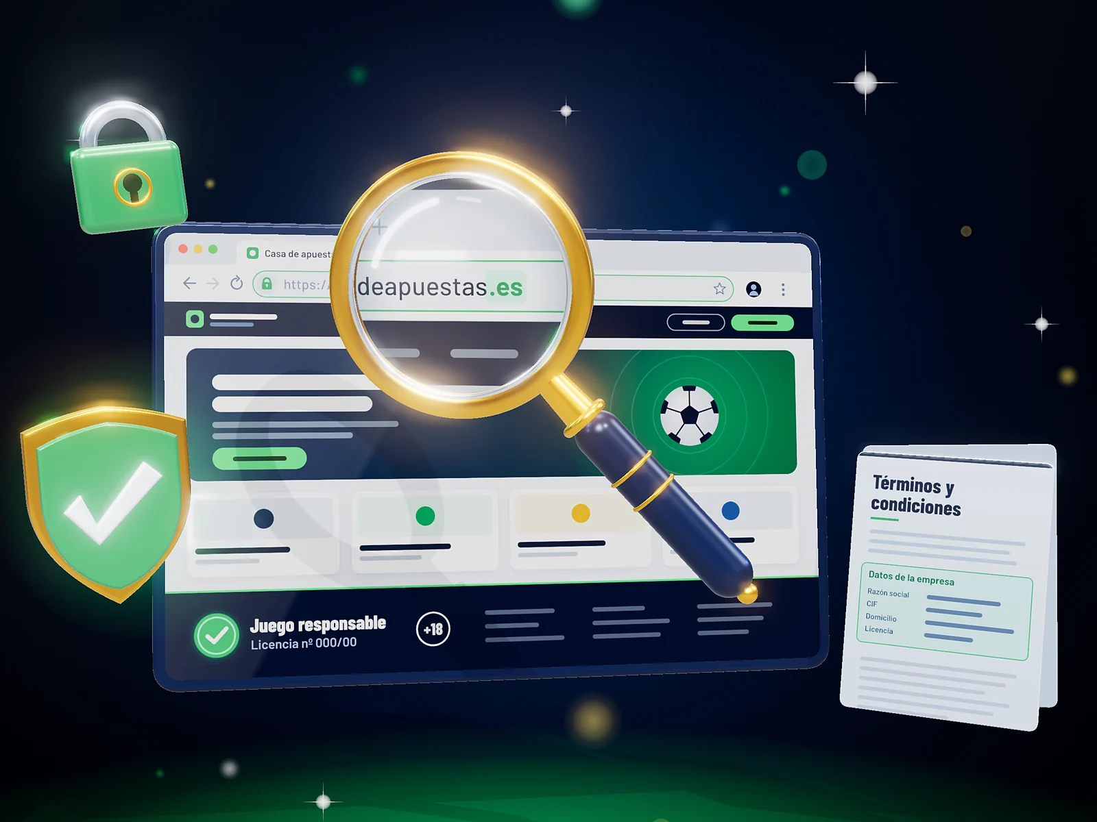 Navegador con dominio .es, candado y lupa comprobando la licencia de una casa de apuestas