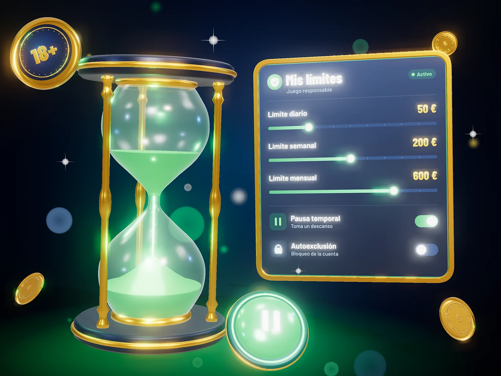 Reloj de arena y panel de límites de depósito para el juego responsable
