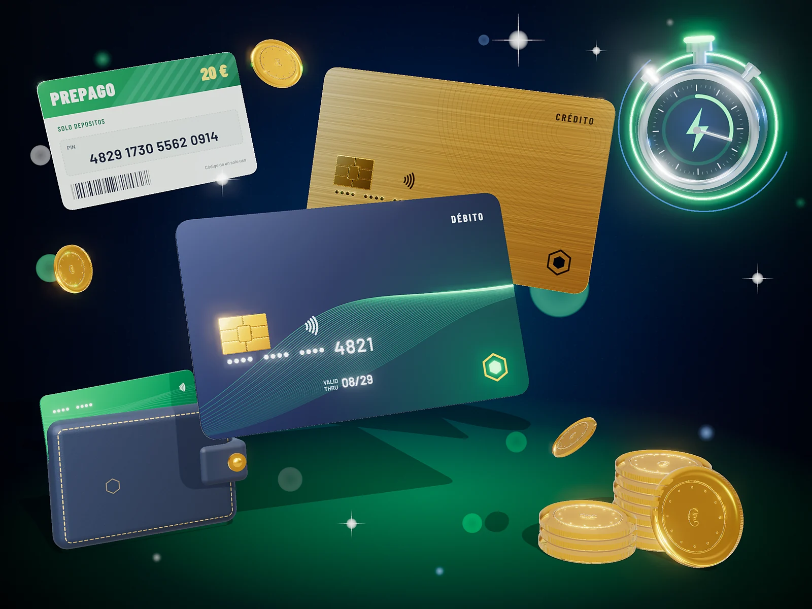 Tarjetas bancarias, tarjeta prepago y monedas de euro para depositar y retirar